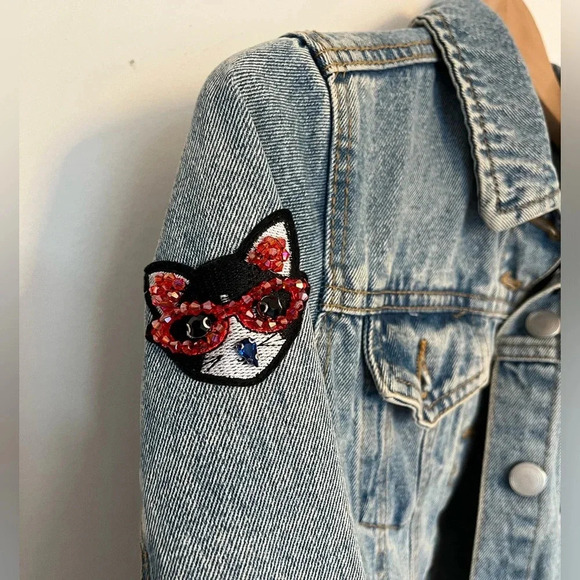 DD77 jeans jacket custom made POW💥 diamond and cat  sequin patches sz small - Picture 6 of 9